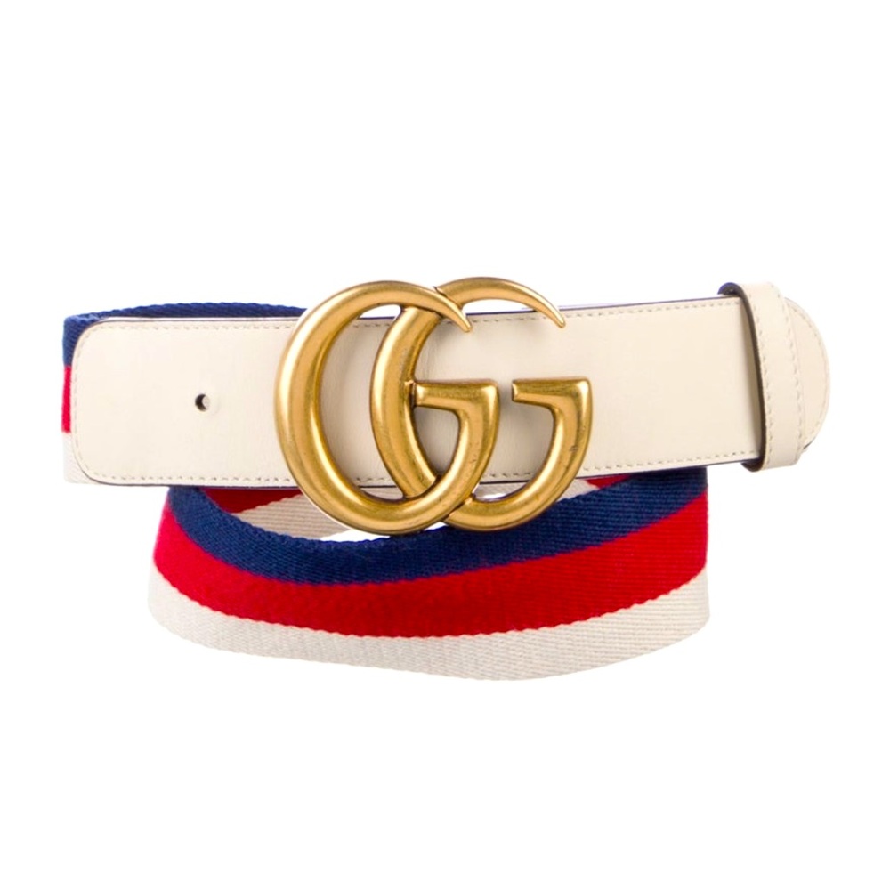 Beautiful Gucci GG gold brass buckle leather belt with signature stripes 34”